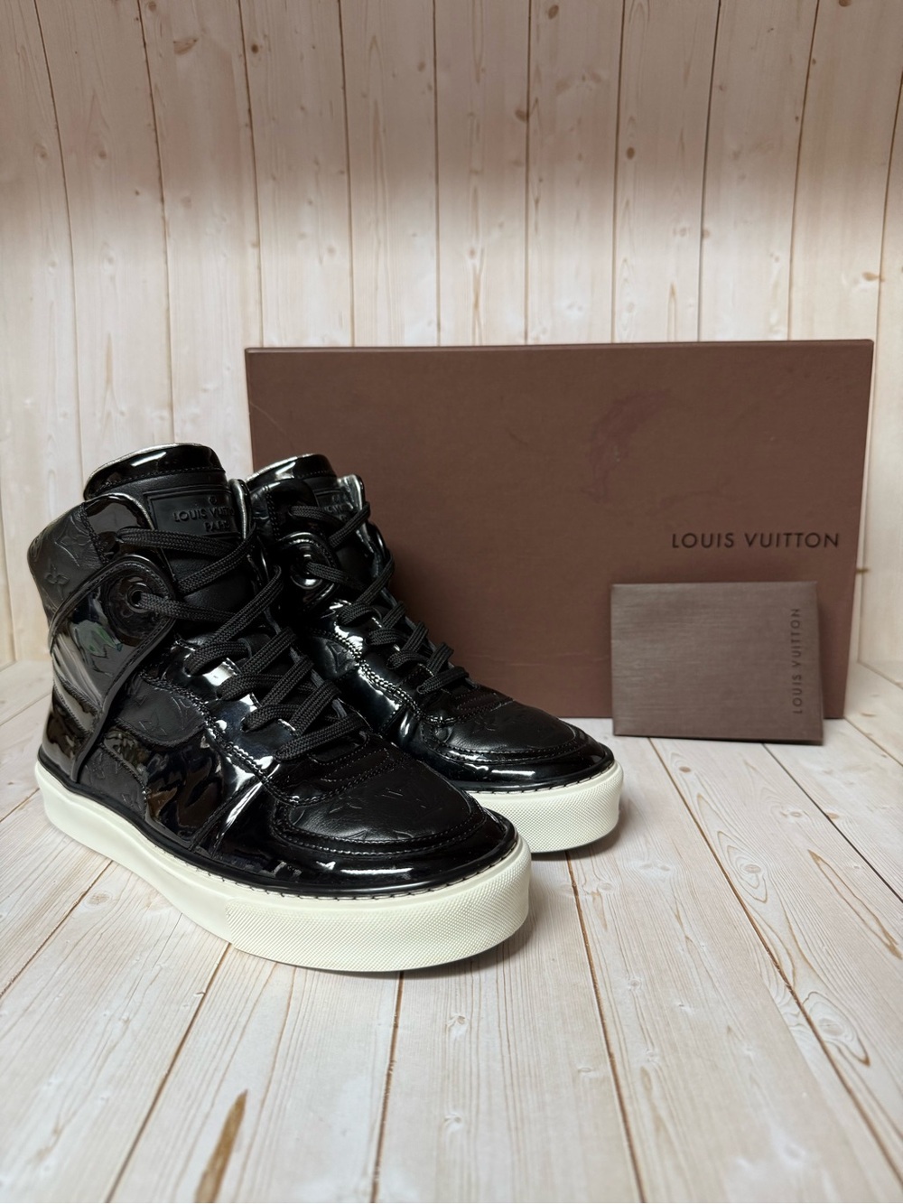 Louis Vuitton Patent Calfskin Leather Monogram High-Top Sneakers Black Sz 36 / 6